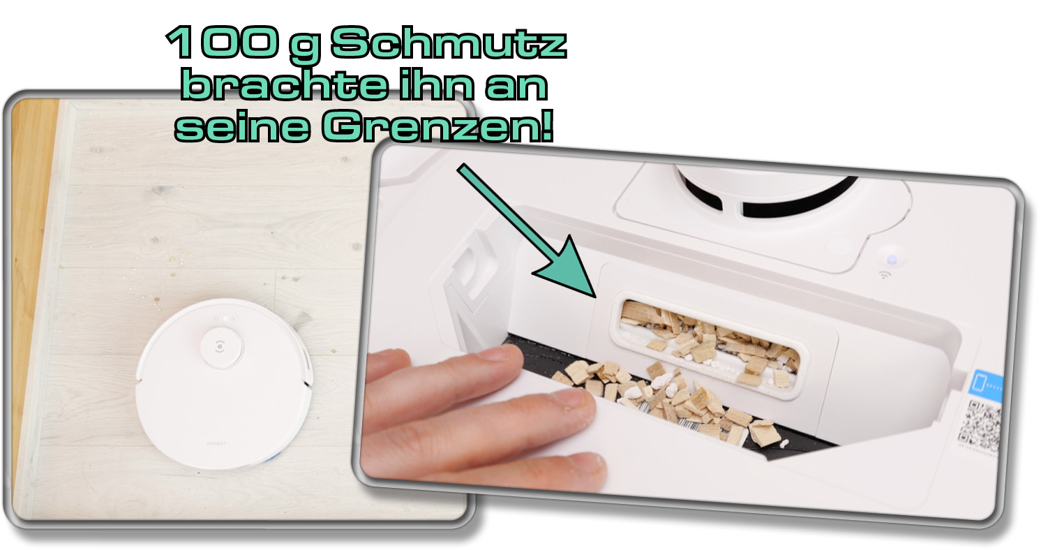 Die verteilten 100 g Schmutz konnte er nicht in unserem Testareal aufsaugen. Schuld daran ist der viel zu kleine Staubbehälter