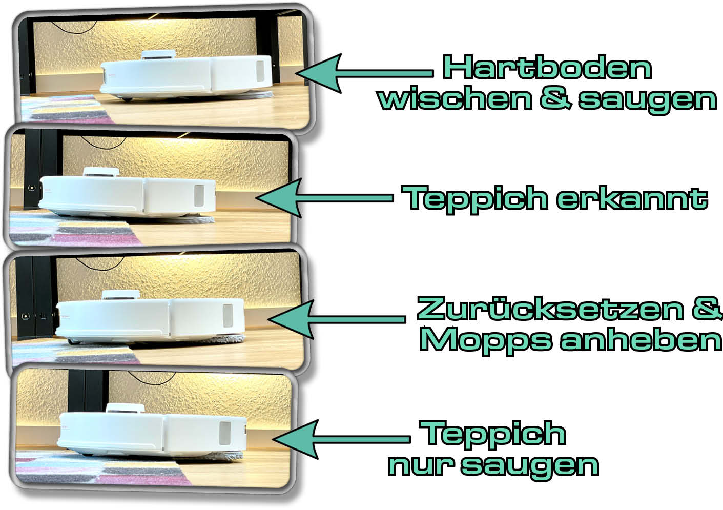 So funktioniert das Anheben der Wischmopps bei erkanntem Teppichboden