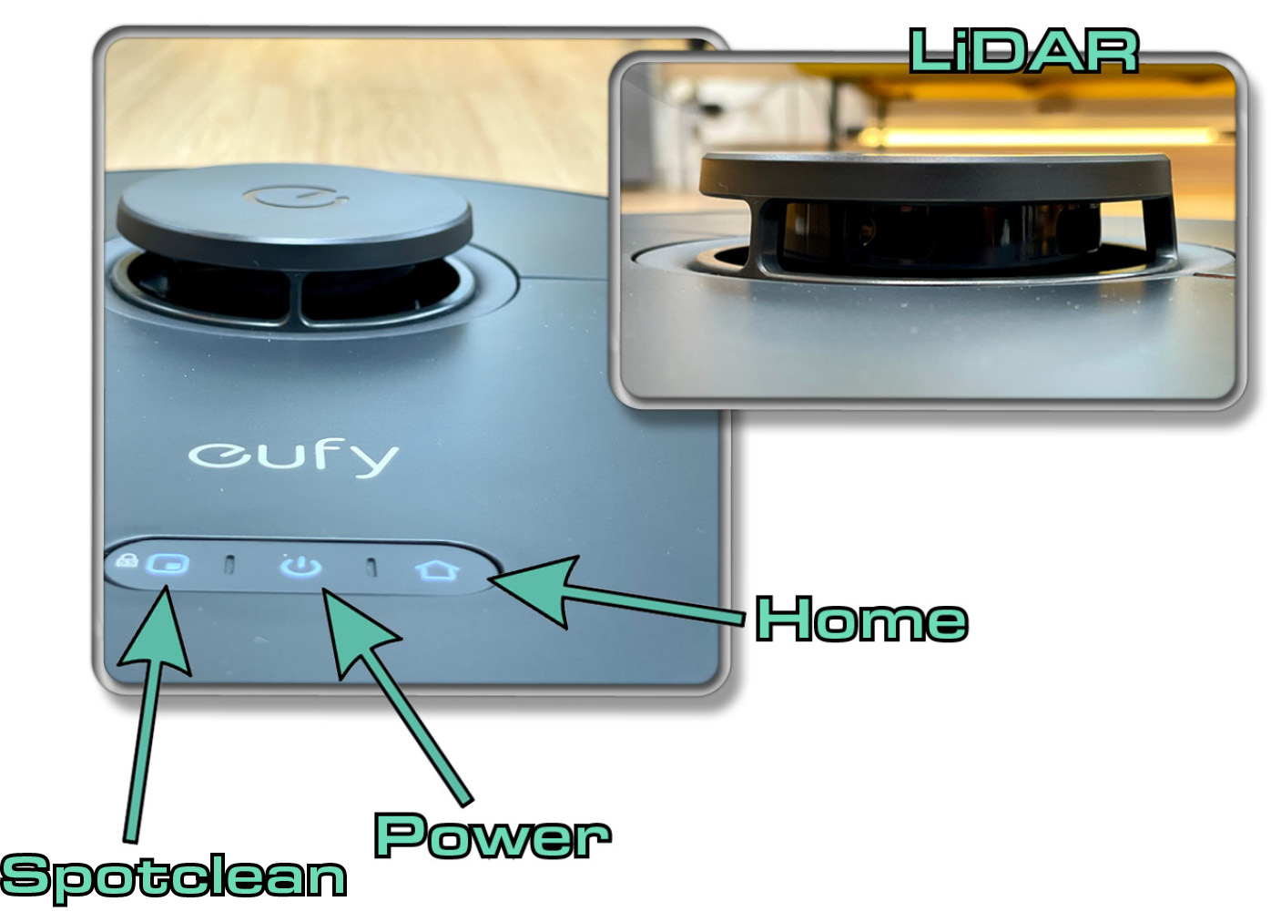 Über diese Tasten kann man den eufy X10 Pro Omni manuell steuern. Dahinter befindet sich der Laserturm