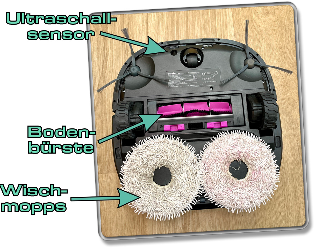 Auf der Unterseite des Eureka NER J12 Ultra befinden sich zwei sehr große Wischmopps
