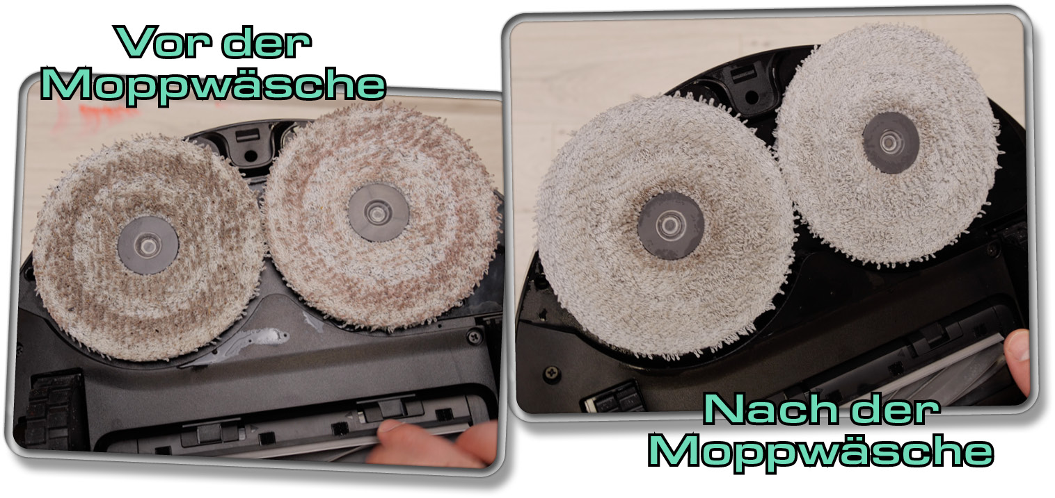 Auf diesem Bild erkennt man, wie gut die Station des Dreame X40 Ultra Complete die Mopps auswäscht