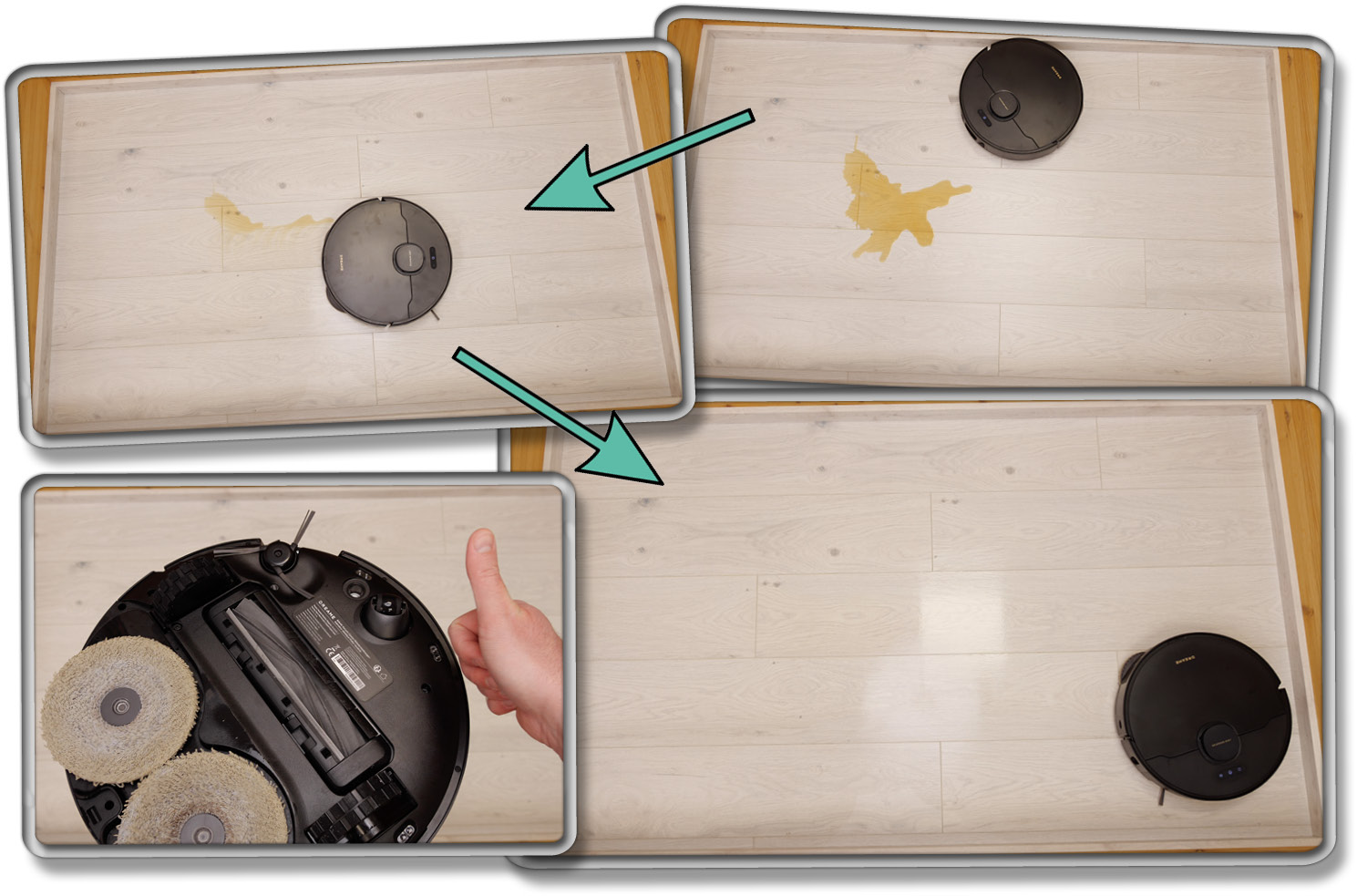 Bei der Fleckenerkennung hat er seine Bürsten angehoben, damit diese nicht schmutzig werden