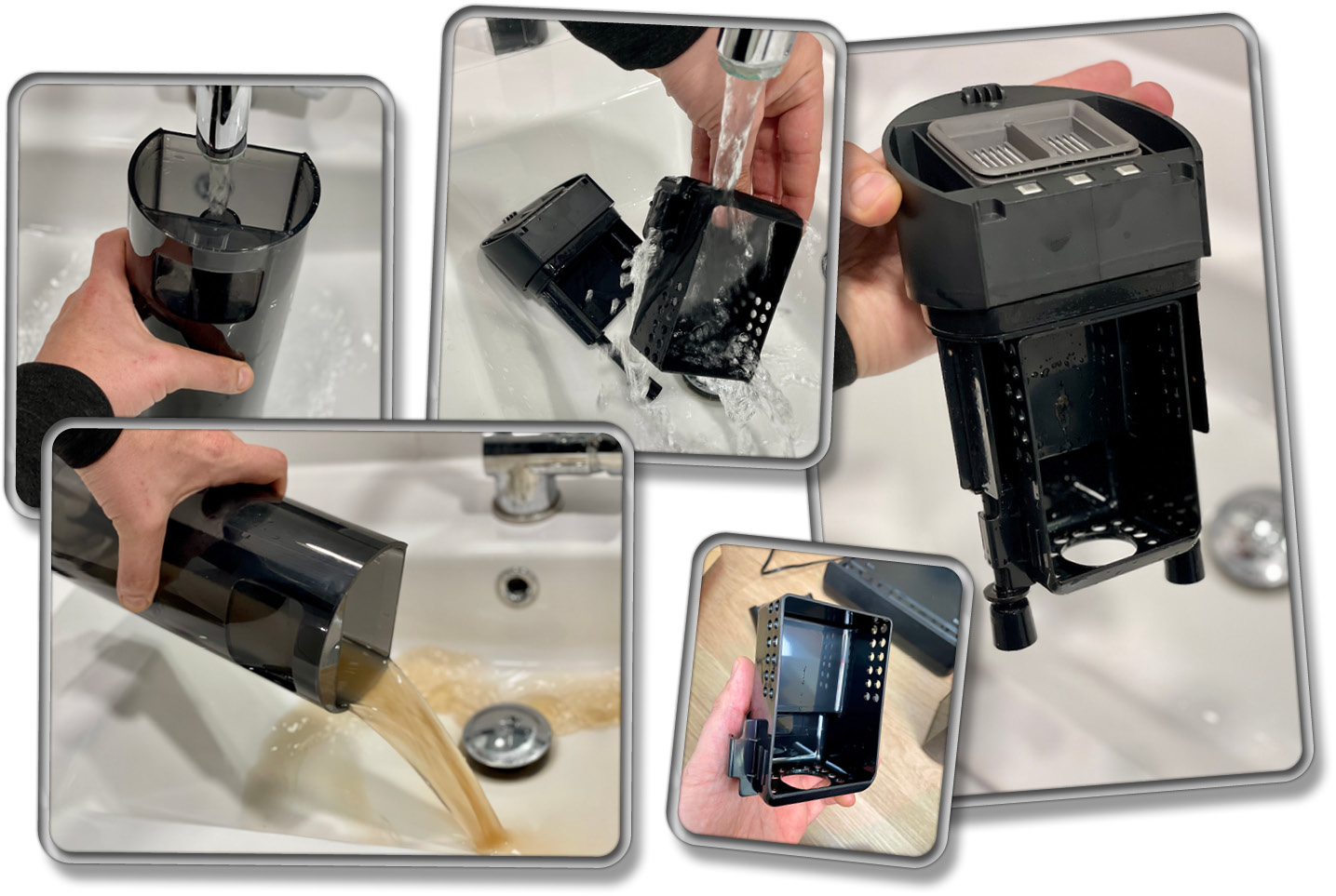 Der Abwassertank besitzt ein Sieb, das sich abnehmen lässt