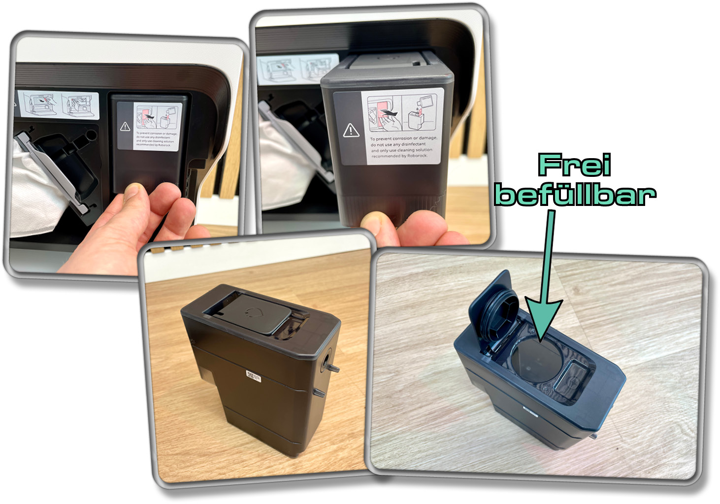 Der Reinigungsmitteldosierer ist in der Station und frei befüllbar
