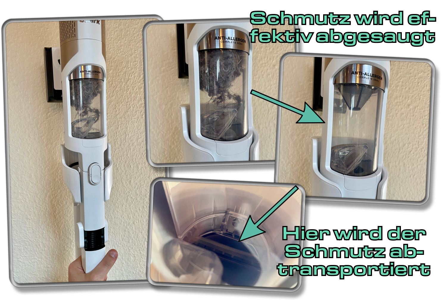 Der Schmutz wird beim Aufstellen des Shark Detect Pro auf seine Absaugstation in die Staubbox abgesaugt