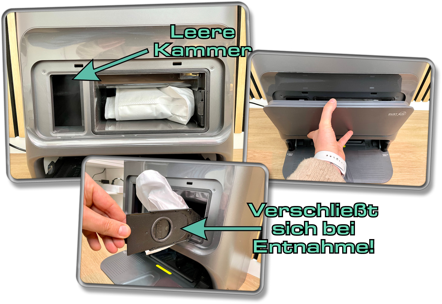 Die Absaugstation befindet sich auf der Front der Station hinter einer abnehmbaren Klappe