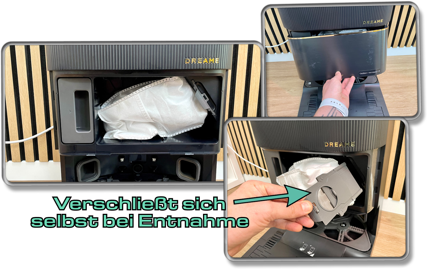 Die Absaugstation saugt nach jeder Reinigung den Staubbehälter des Roboters aus