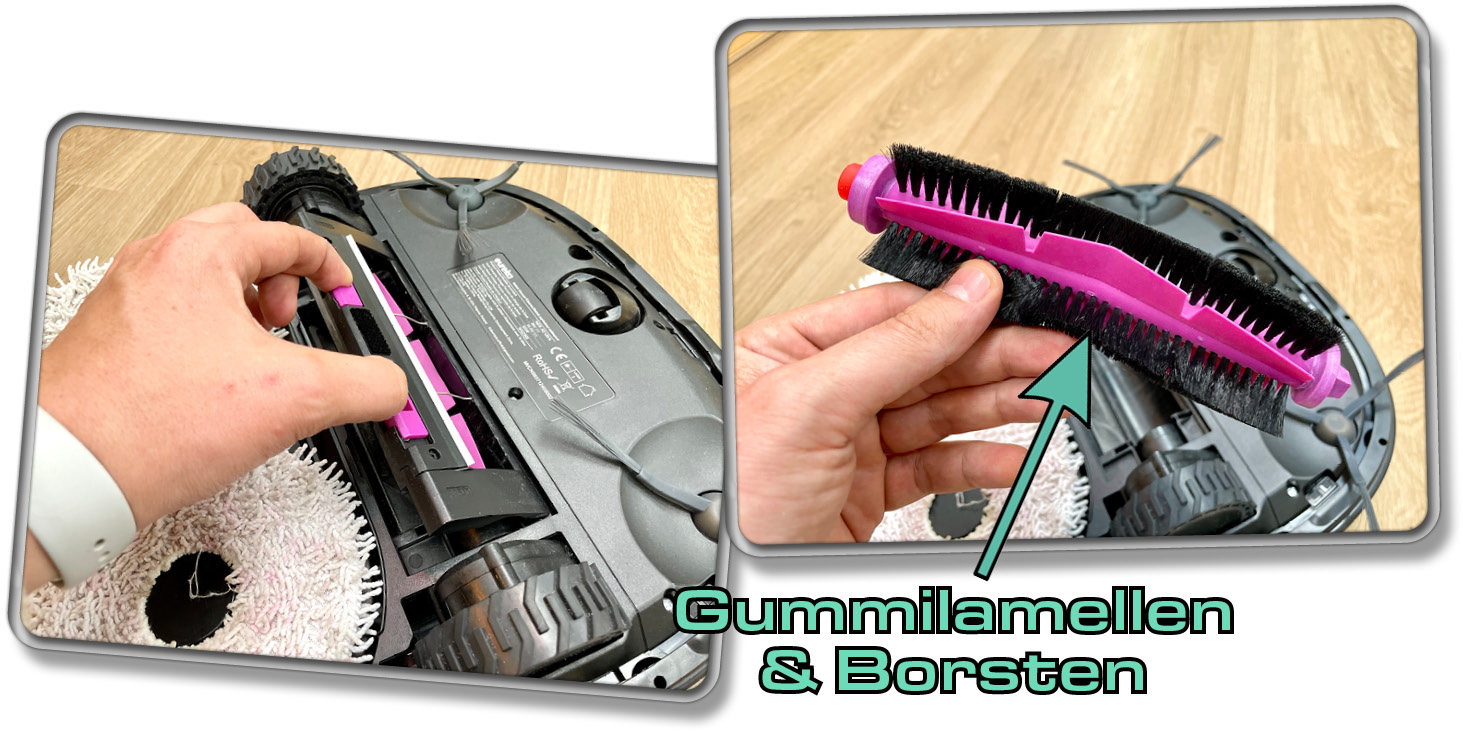 Die Bodenbürste besteht aus Gummilamellen und Borsten