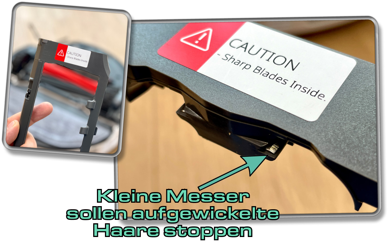 Die Bürstenaufhängung des Roborock S8 MaxV Ultra besitzt Messer für die Antihaaraufwicklung