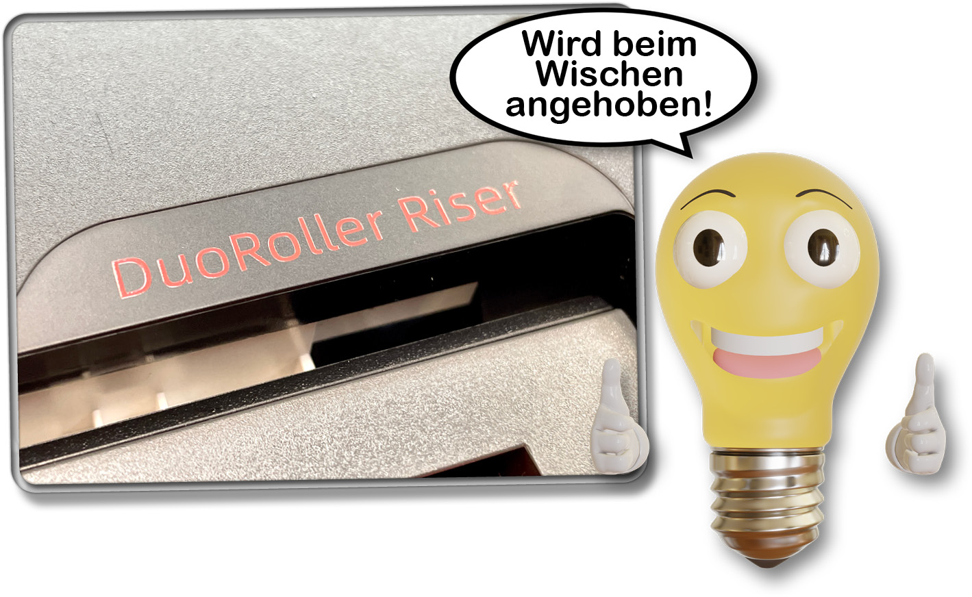 Die DuoRoller Riser Funktion hebt die Bürsten im Wischvorgang an