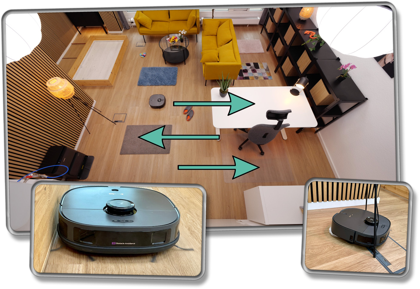 Die Navigation ist geradelinig, jedoch meidet er gerne Engstellen, da er sich dank seiner Form nicht auf der Stelle drehen kann