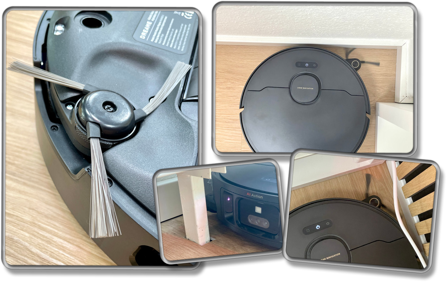 Die Seitenbürste des Dreame X40 Ultra Complete fährt in jeder Ecke aus, damit sie diese von Schmutz befreien kann