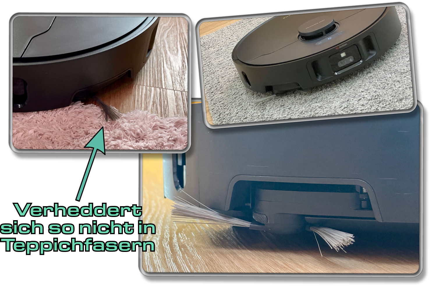 Die Seitenbürste des Dreame X40 Ultra Complete wird auf Teppich und beim Wischen einfach angehoben