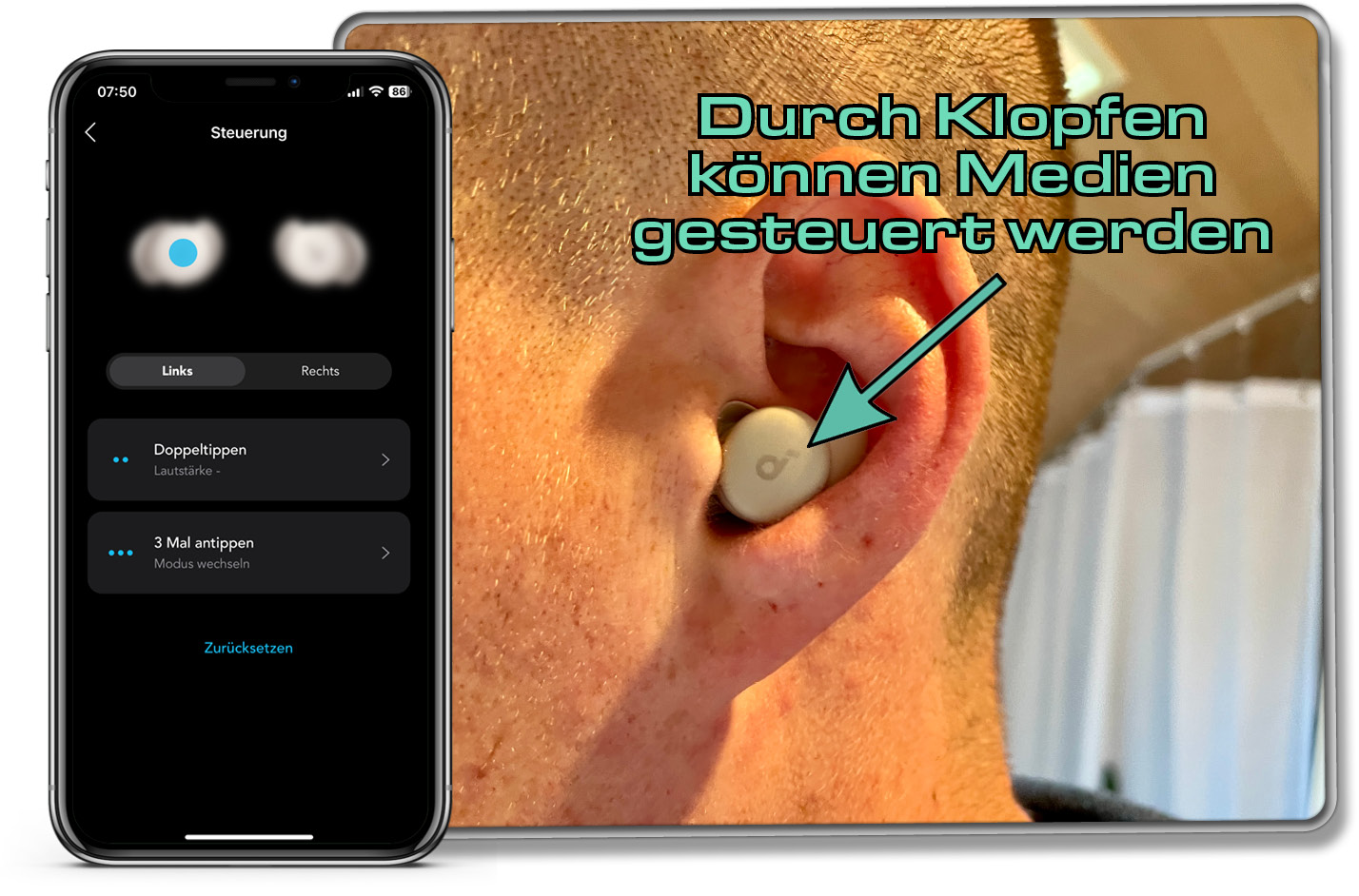 Die Steuerung der Medien gelingt über Klopfen auf die Kopfhörer