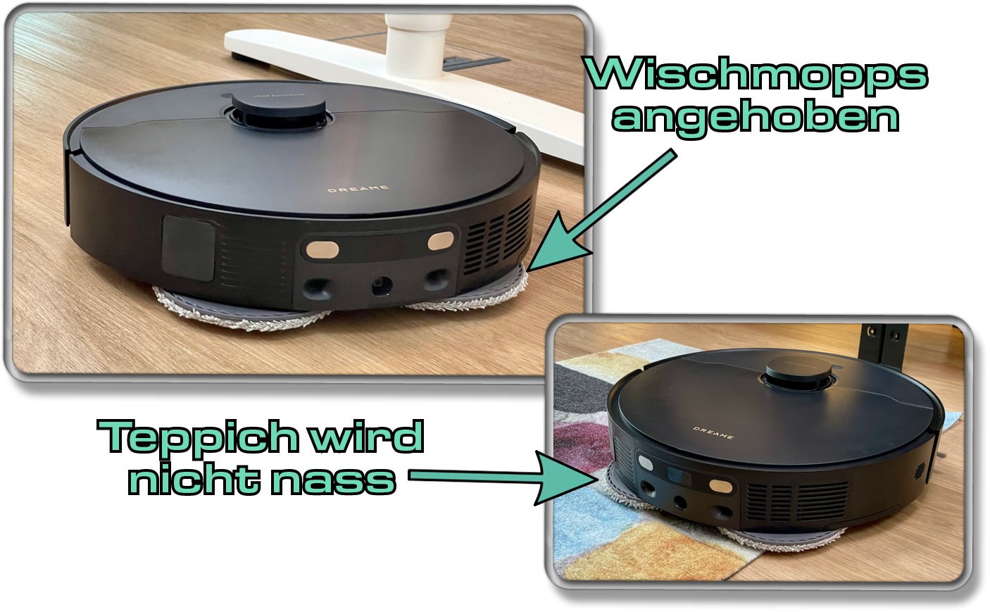 Die Wischmopps des Dreame X40 Ultra Complete lassen sich über Teppichboden anheben