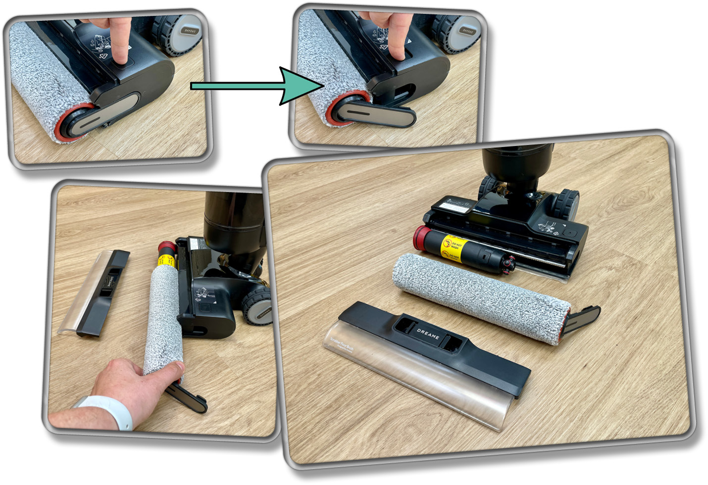 Die Wischwalze lässt sich für eine gelegentliche Wartung leicht aus der Düse entfernen