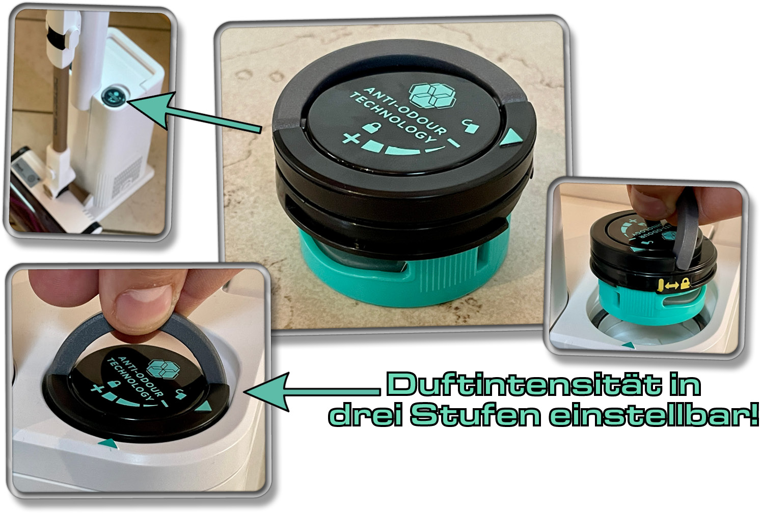 Eine eingesetzte Duftkapsel verströhmt bei jedem Absaugvorgang frischen Duft