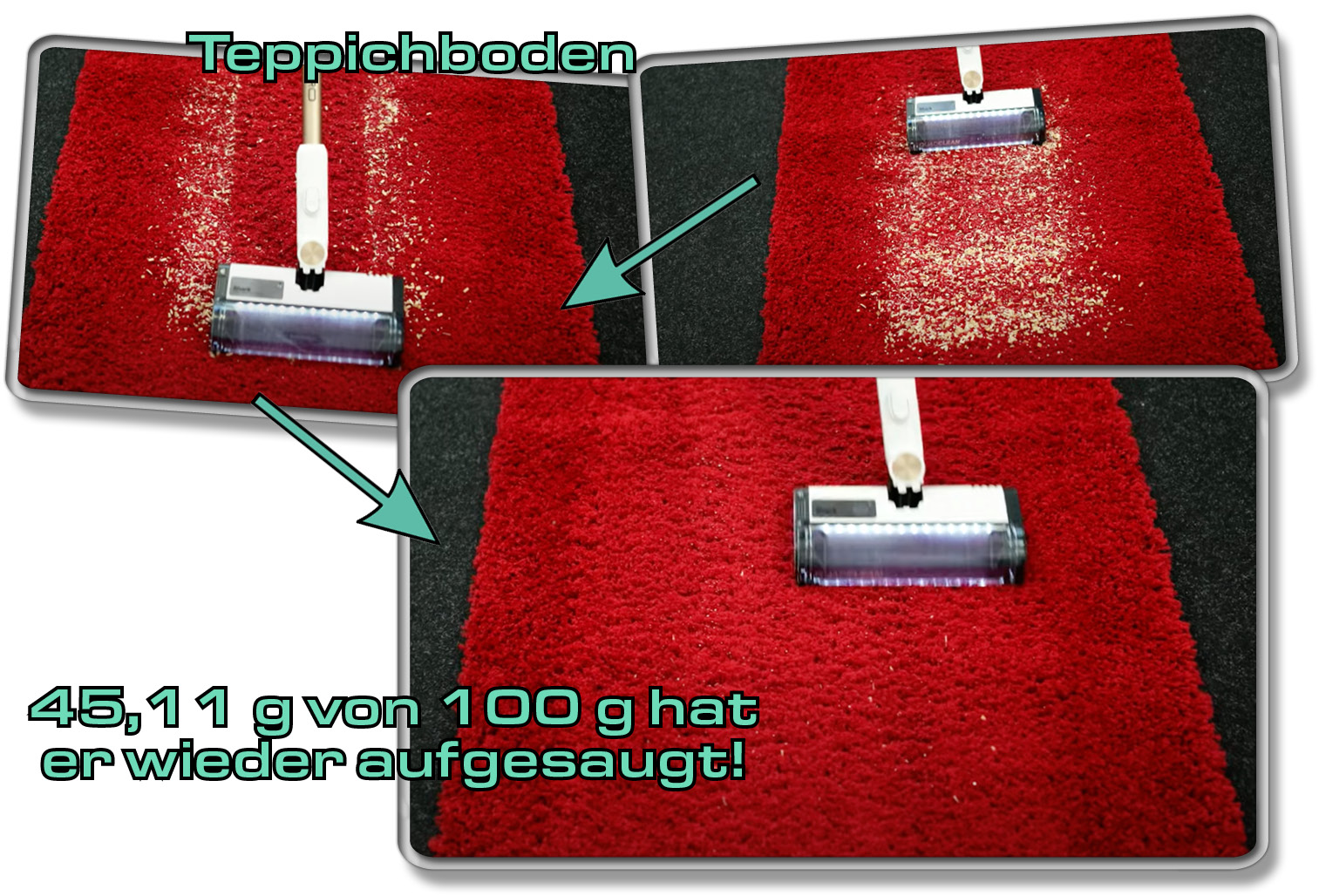 Shark Detec Pro - Die gemessene Saugleistung auf Teppichboden