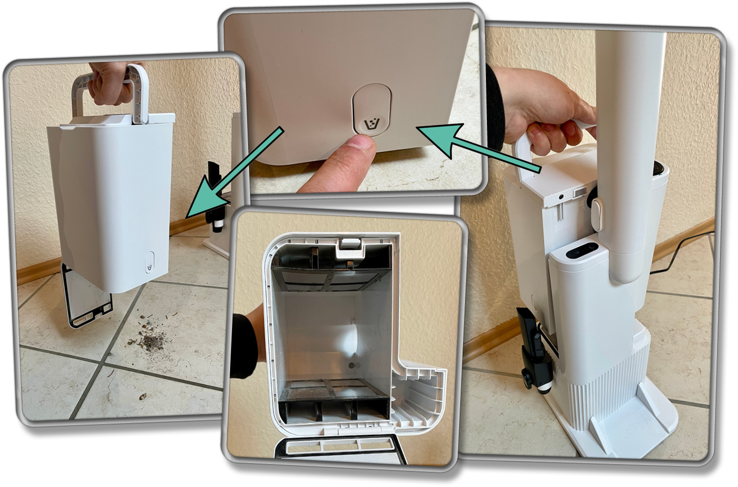 So einfach entleert man den Schmutz aus der 2 Liter großen Staubbox