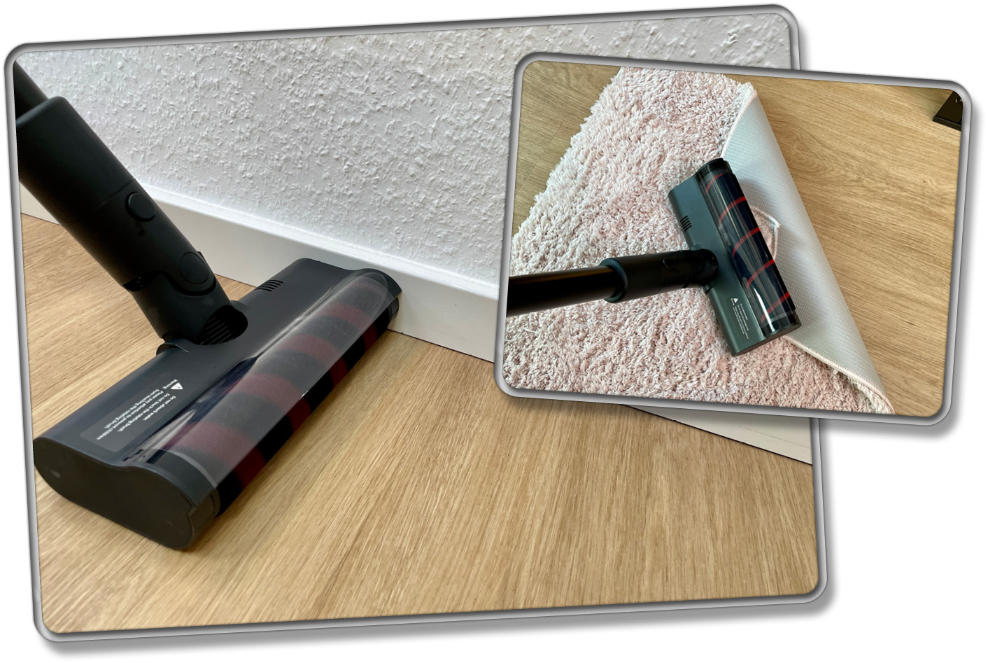 Auch als Akkusauger kann er gut an Rändern entlang reinigen. Jedoch mag er keinen Teppichboden