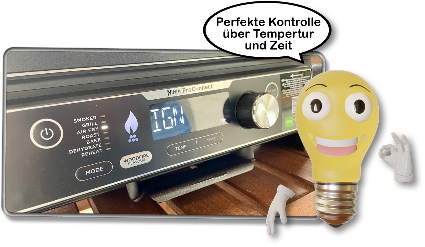 Das Bedienelement des Ninja Woodfire Pro Connect XL bietet die perfekte Kontrolle über Temperatur und Zeit