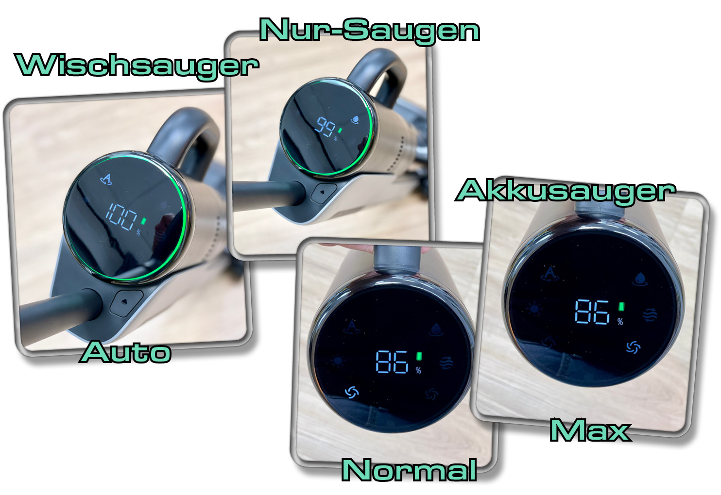 Das Display zeigt den Akkustand des Dreame H12 Dual an und den jeweilig eingestellten Modus