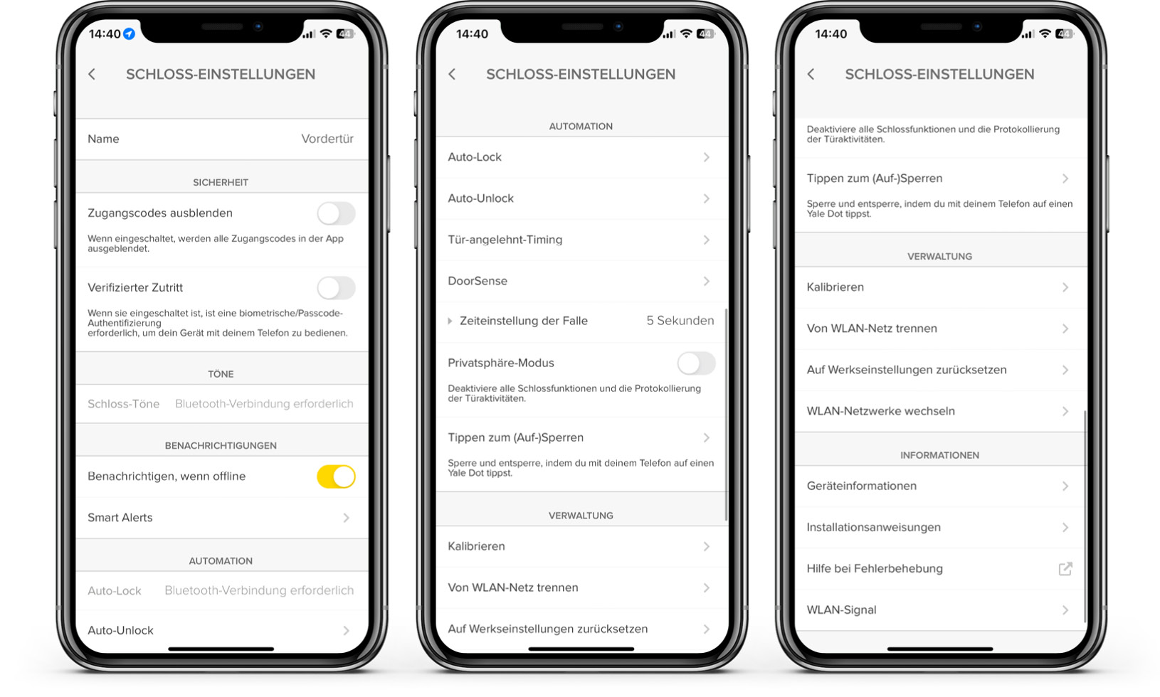 Das sind verschiedene Schlosseinstellungen für das Yale Linus Smart Lock L2