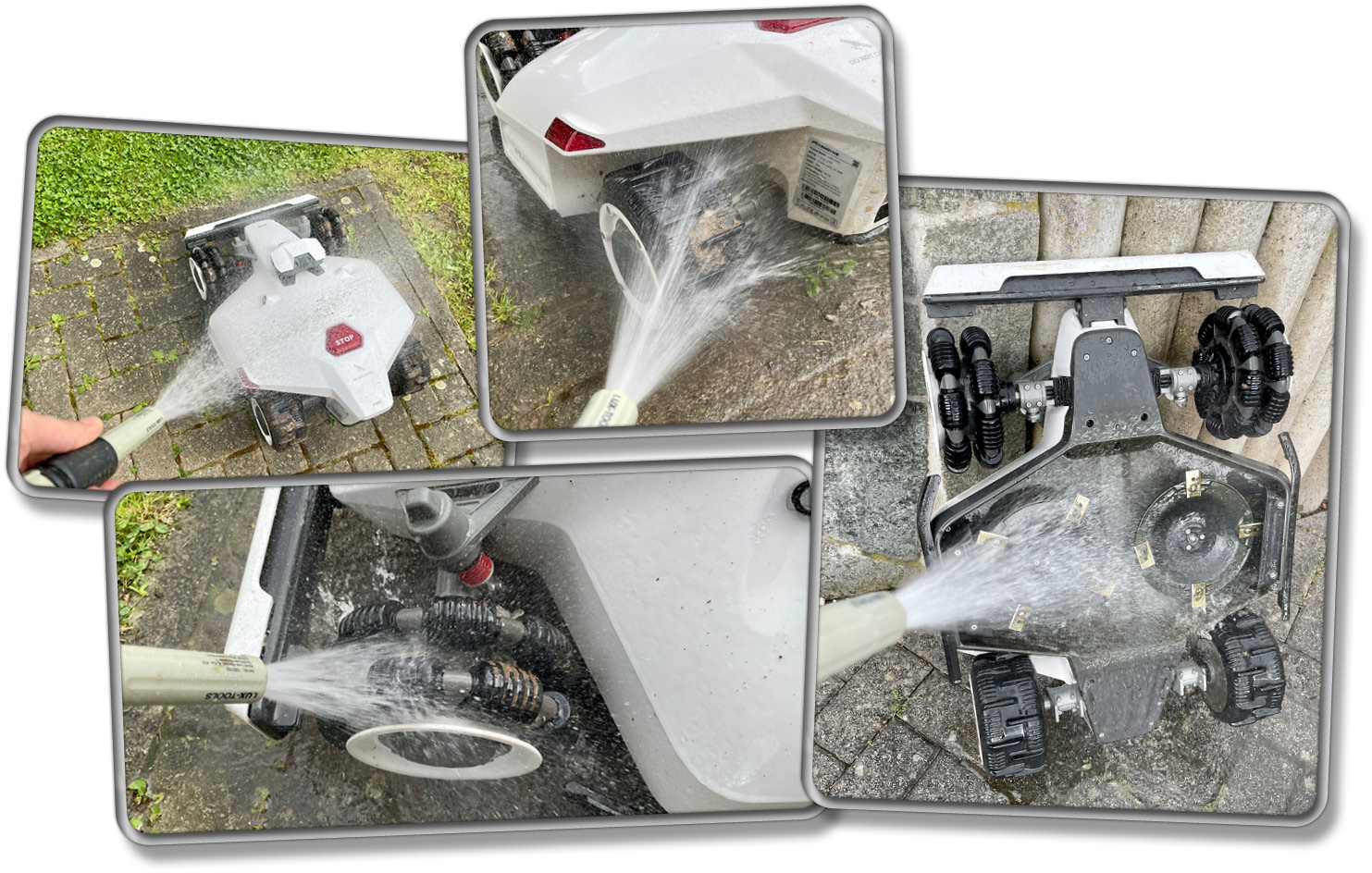 Den LUBA 2 kann man einfach mit Wasser und einem Wasserschlauch von Schmutz abwaschen