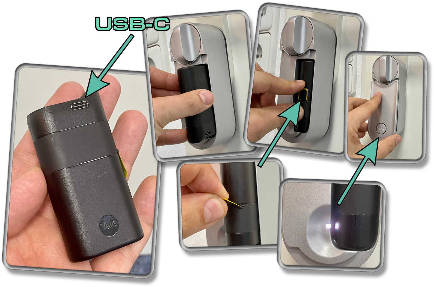 Der Akku wird nach der Montage in das Yale Linus Smart Lock L2 eingesetzt. Er kann über USB-C aufgeladen werden.