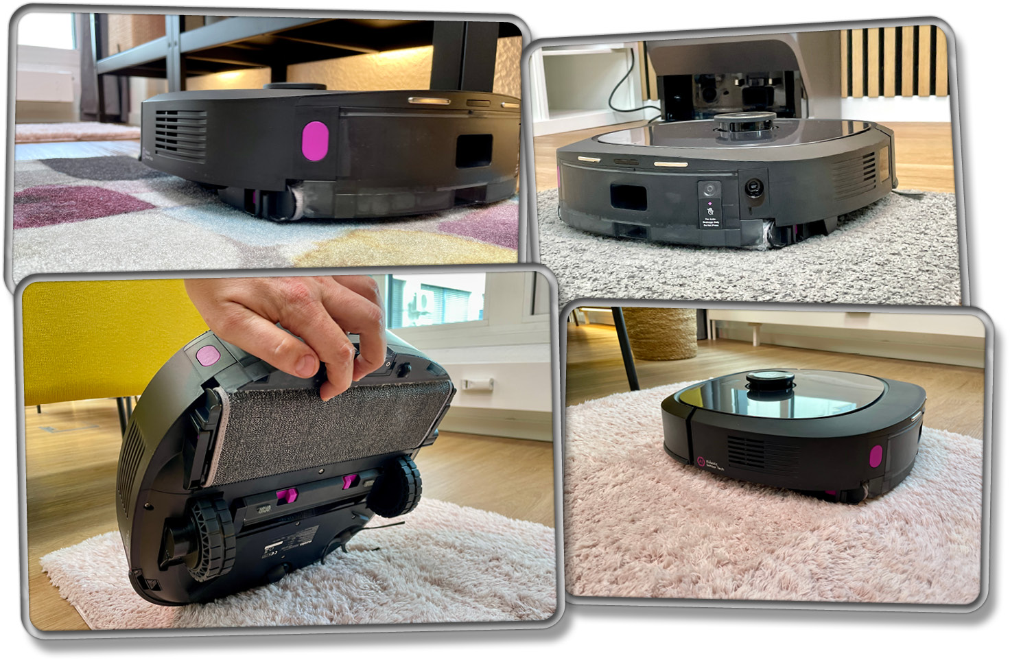 Der Eureka J20 kann mit seinem Teppichmopp auch auf Teppichboden fahren, ohne, dass dieser nass wird.