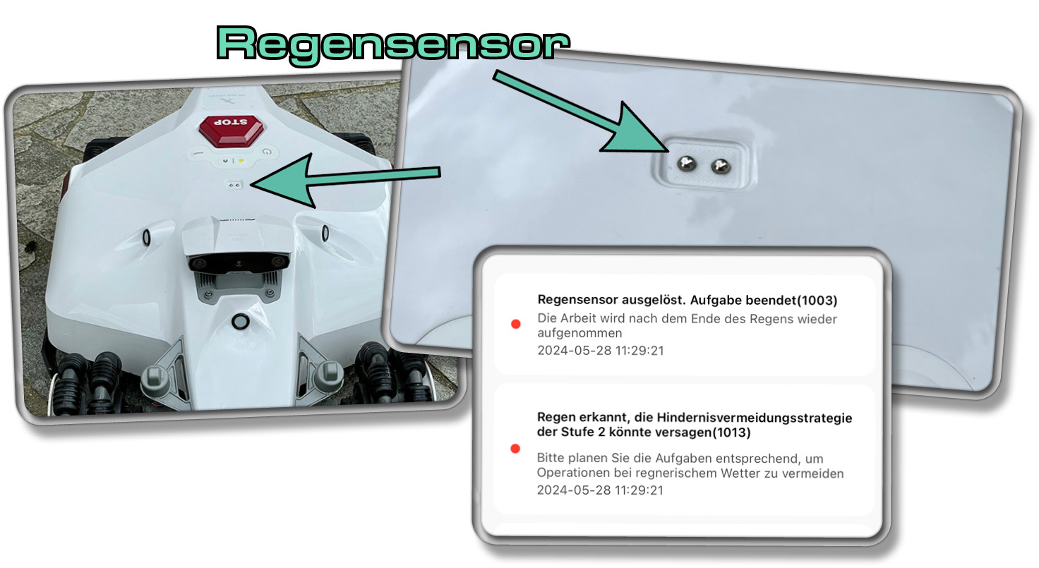 Der Regensensor sorgt dafür, dass der LUBA 2 bei Regen zurück zu seiner Ladestation fährt