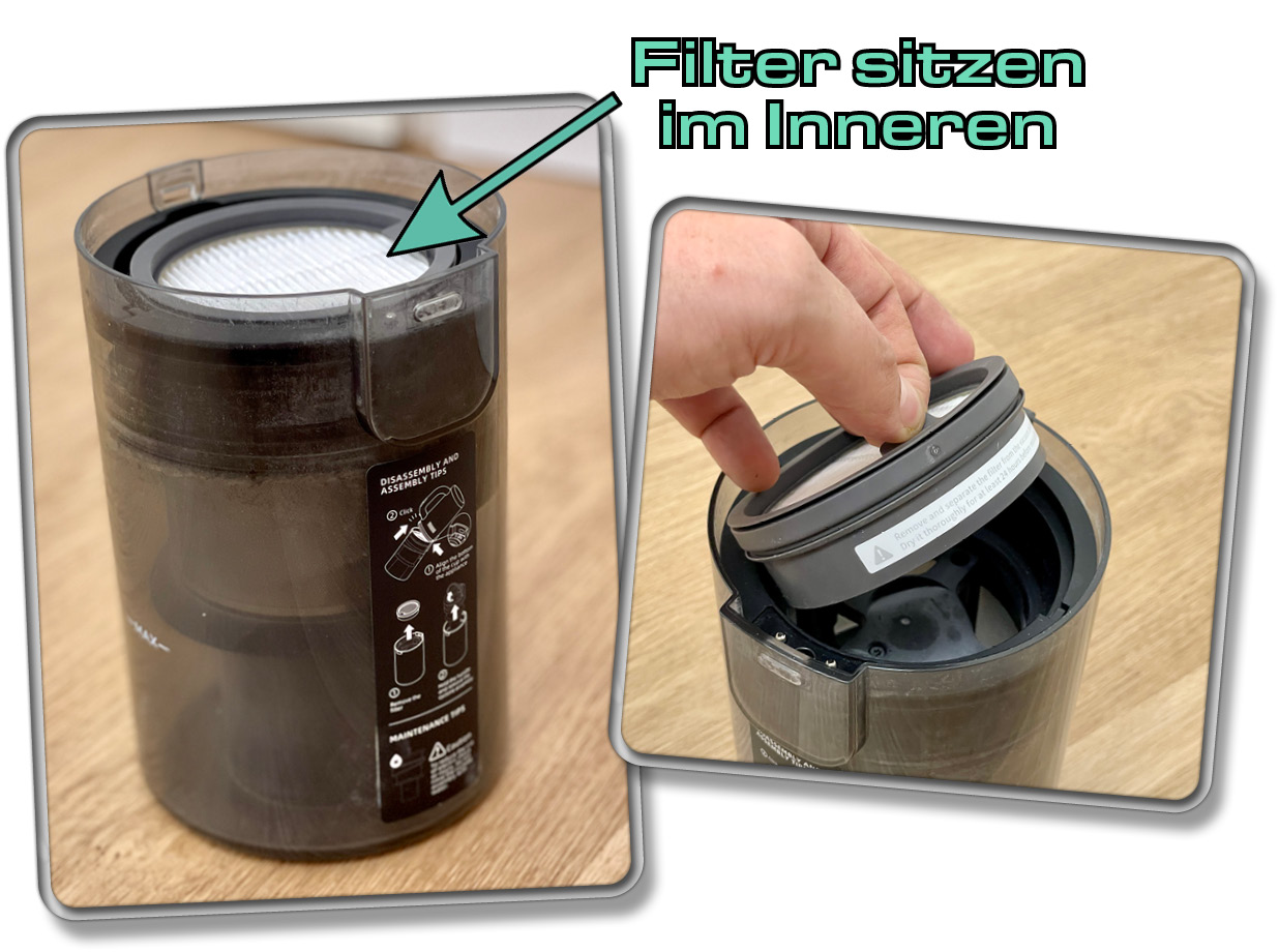 Der Staubtank des Dreame H12 Dual ist bestückt mit Filtern
