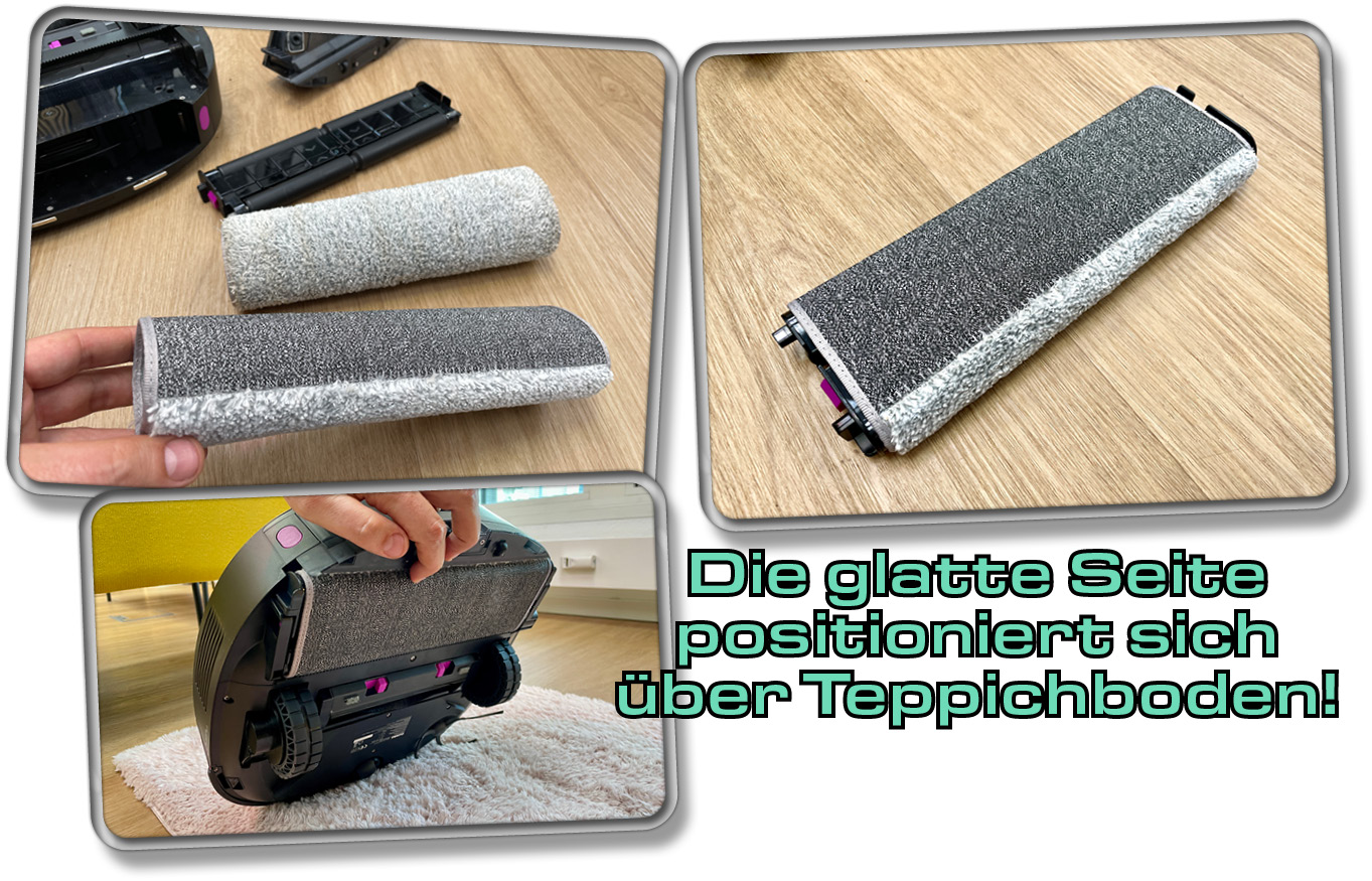 Der Teppichmopp positioniert die glatte Seite über Teppichboden, damit dieser nicht nass wird.