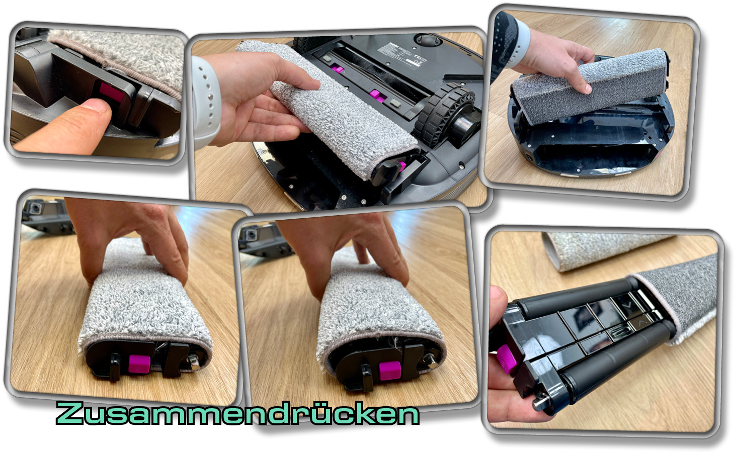 Der Wischmopp lässt sich aus seiner Halterung durch Drücken herausnehmen