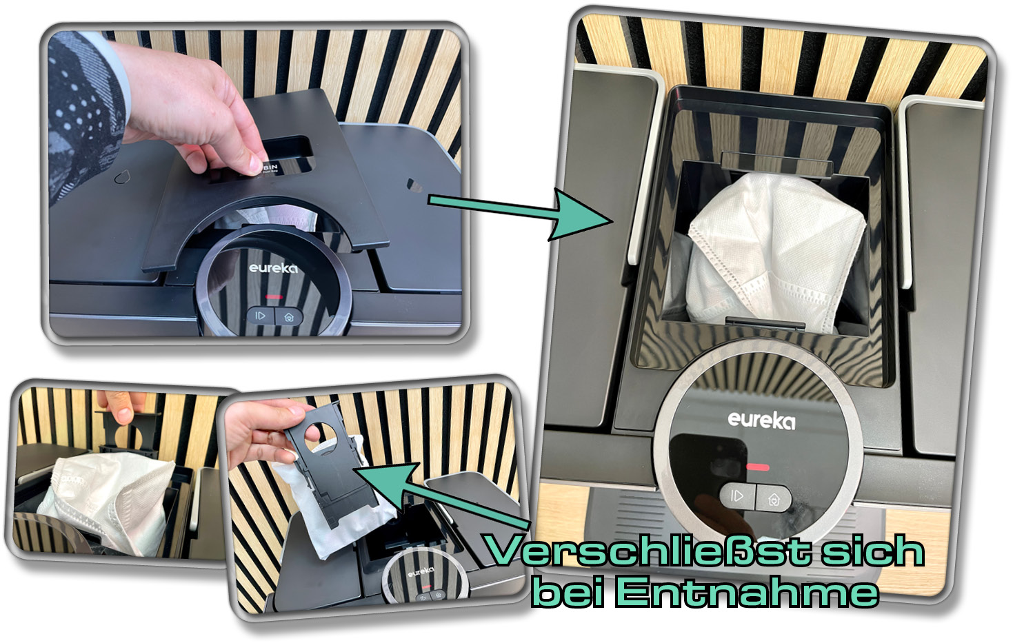 Die Absaugstation beinhaltet einen Staubbeutel, der sich verschließt, wenn man ihn entnimmt