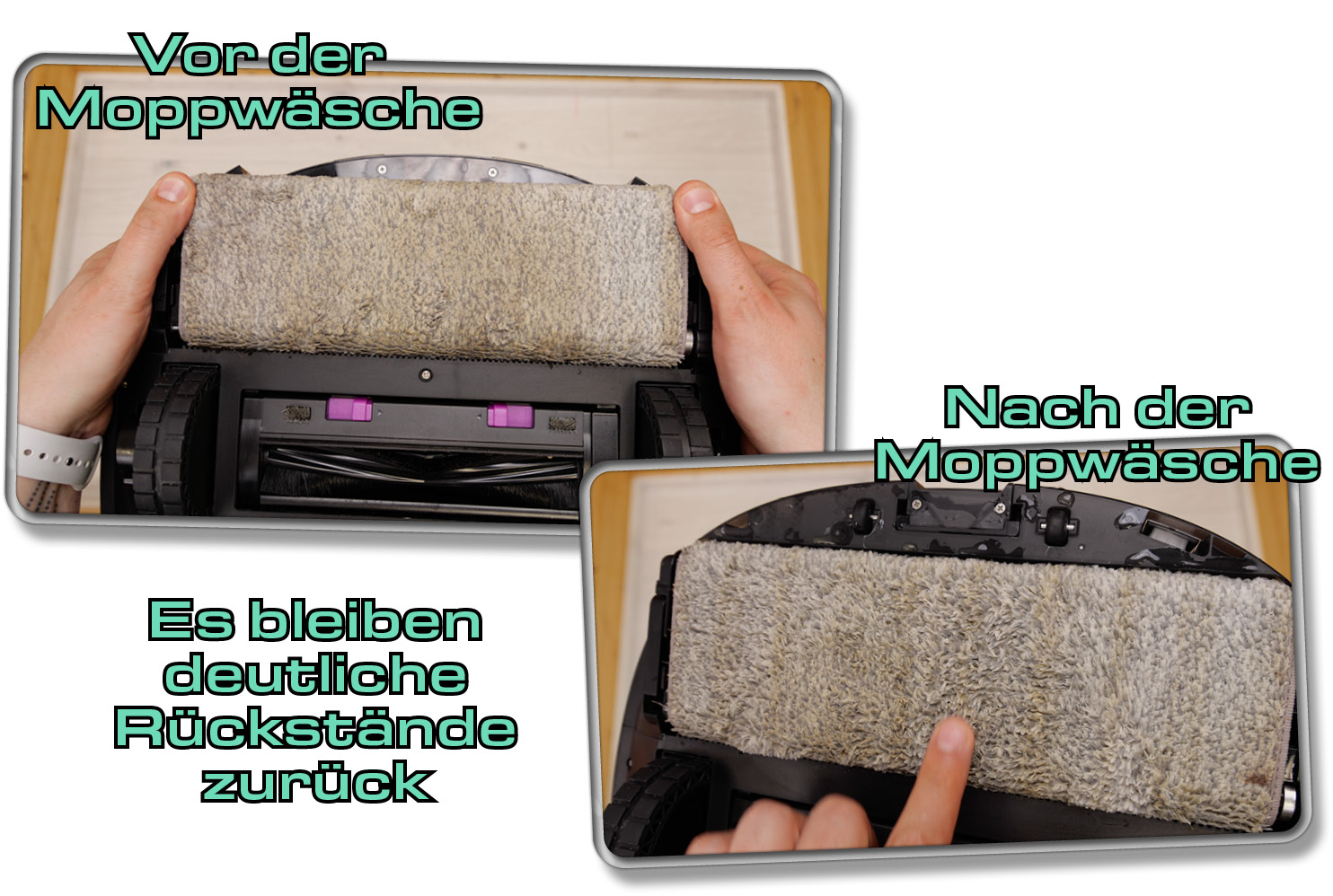 Die Moppwäsche hat deutliche Rückstände auf dem Wischtuch zurückgelassen