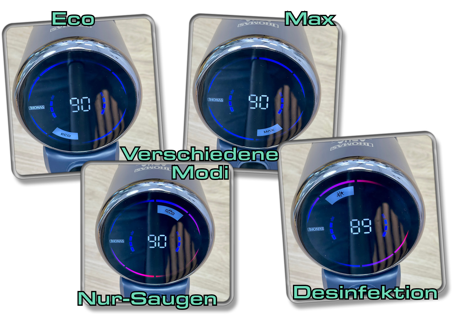 Diese Modi stehen einem zur Verfügung. Sie werden auf dem großen Display angezeigt