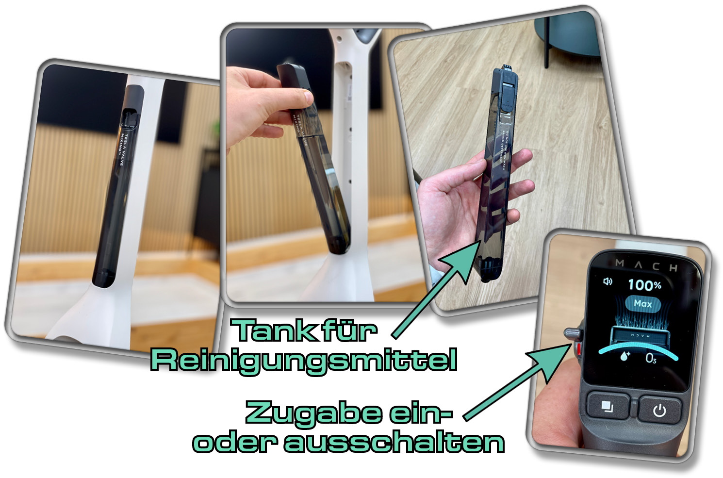 Ein kleiner Reinigungsmitteltank im Griff aktiviert die Zugabe beim Reinigen