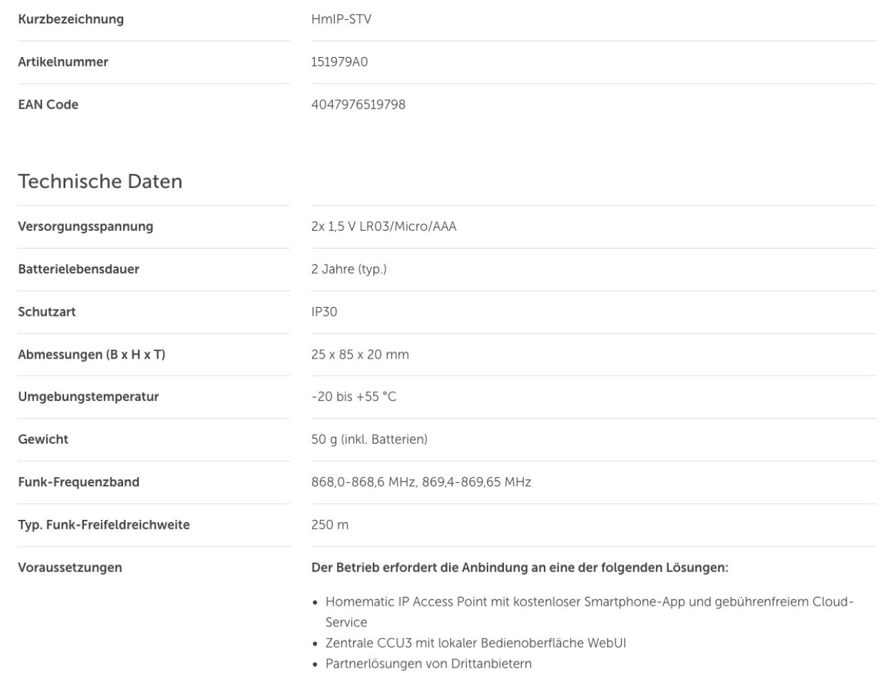 Homematic IP Neigungs- und Erschütterungssensor technische Daten