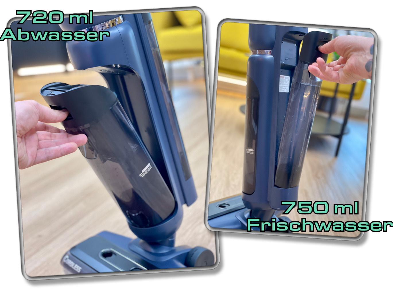 Jeweils auf der Rückseite, wie auch auf der Vorderseite, befinden sich die Wassertanks des Thomas Aqua FloorCleaner Plus