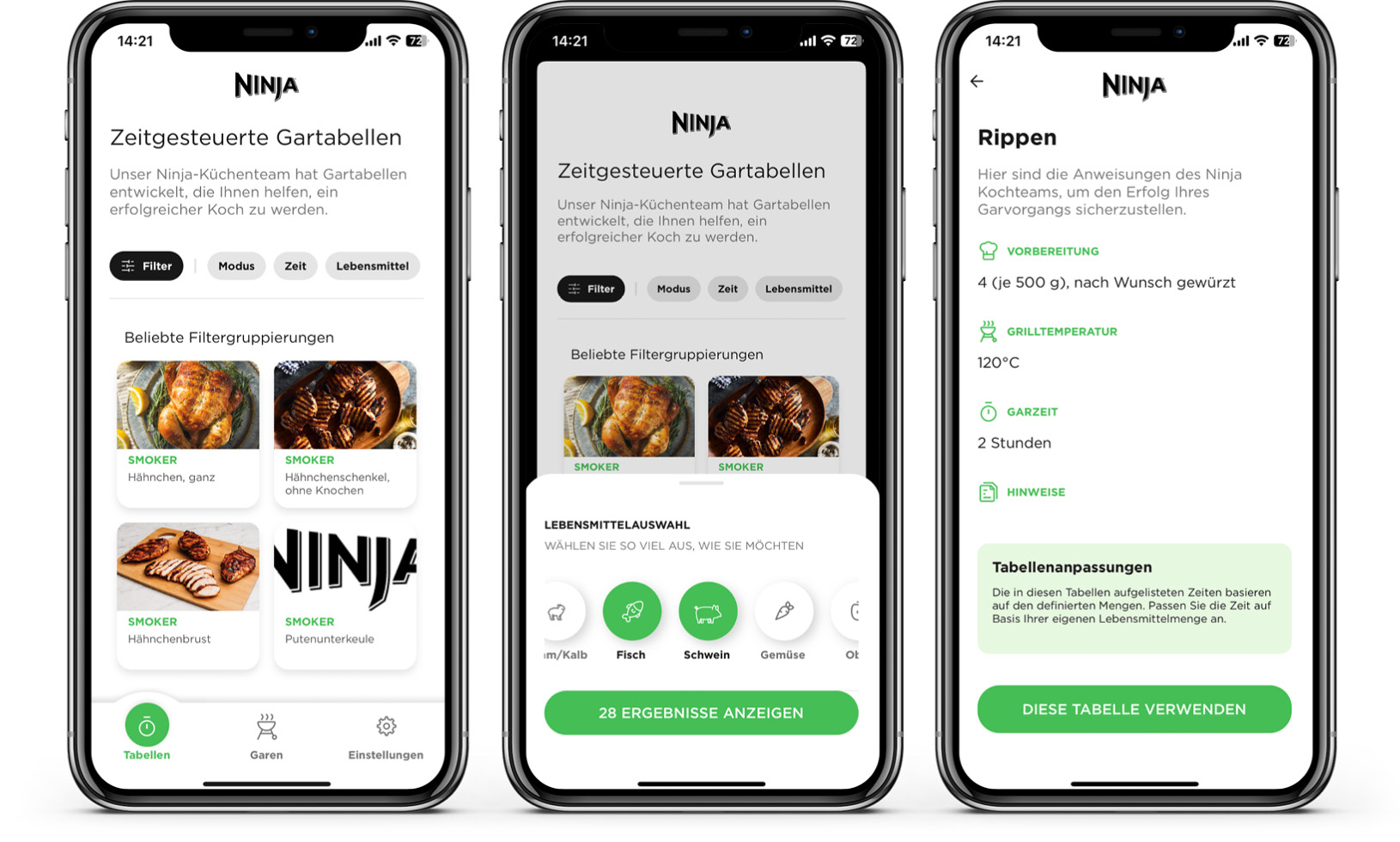 Ninja Woodfire Pro Connect XL - App - Tabellen : Rezepte