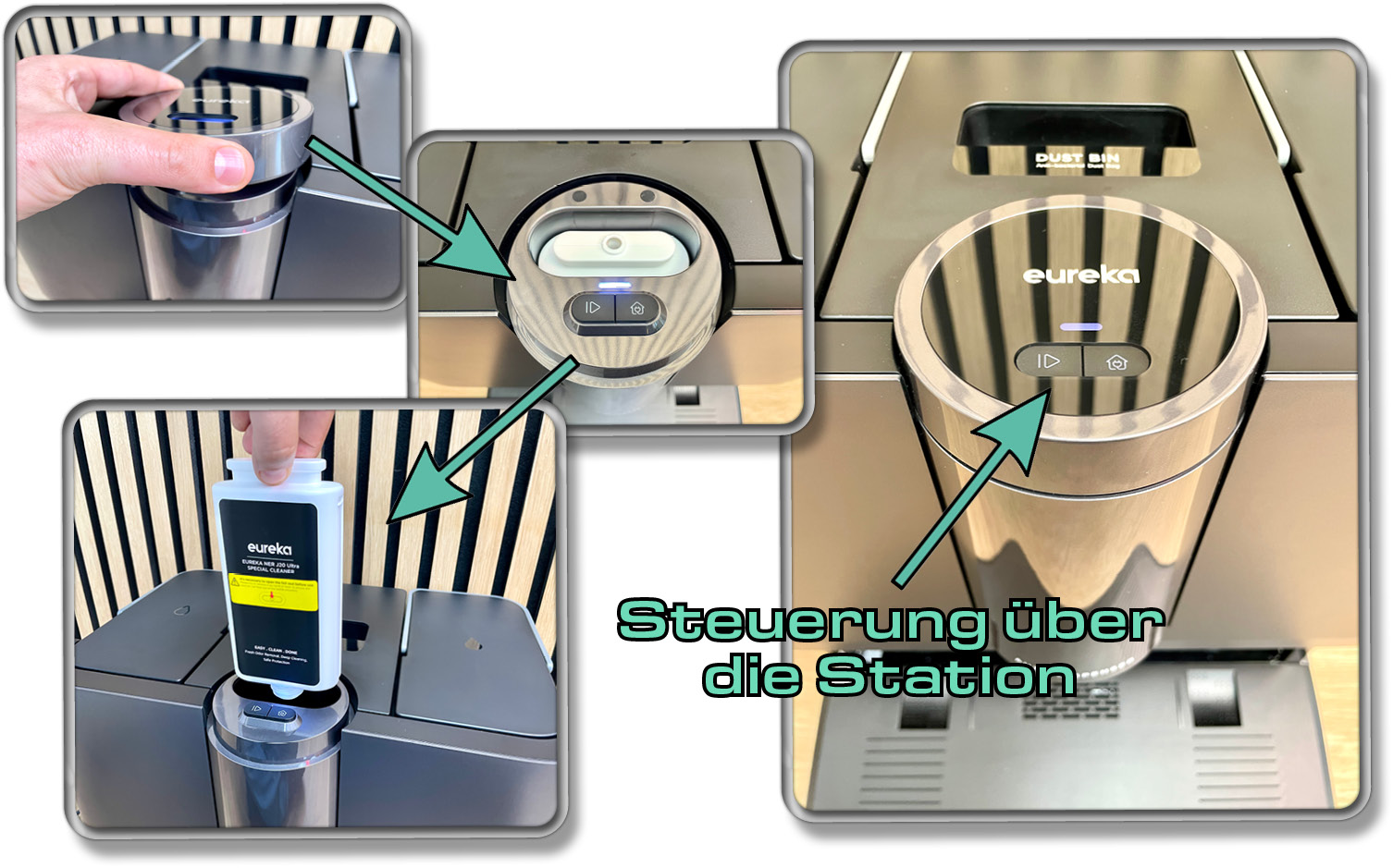 Über die Station kann der Eureka J20 nicht nur gesteuert werden, sondern unter der Abdeckung befindet sich auch eine Reinigungsmittelkartusche