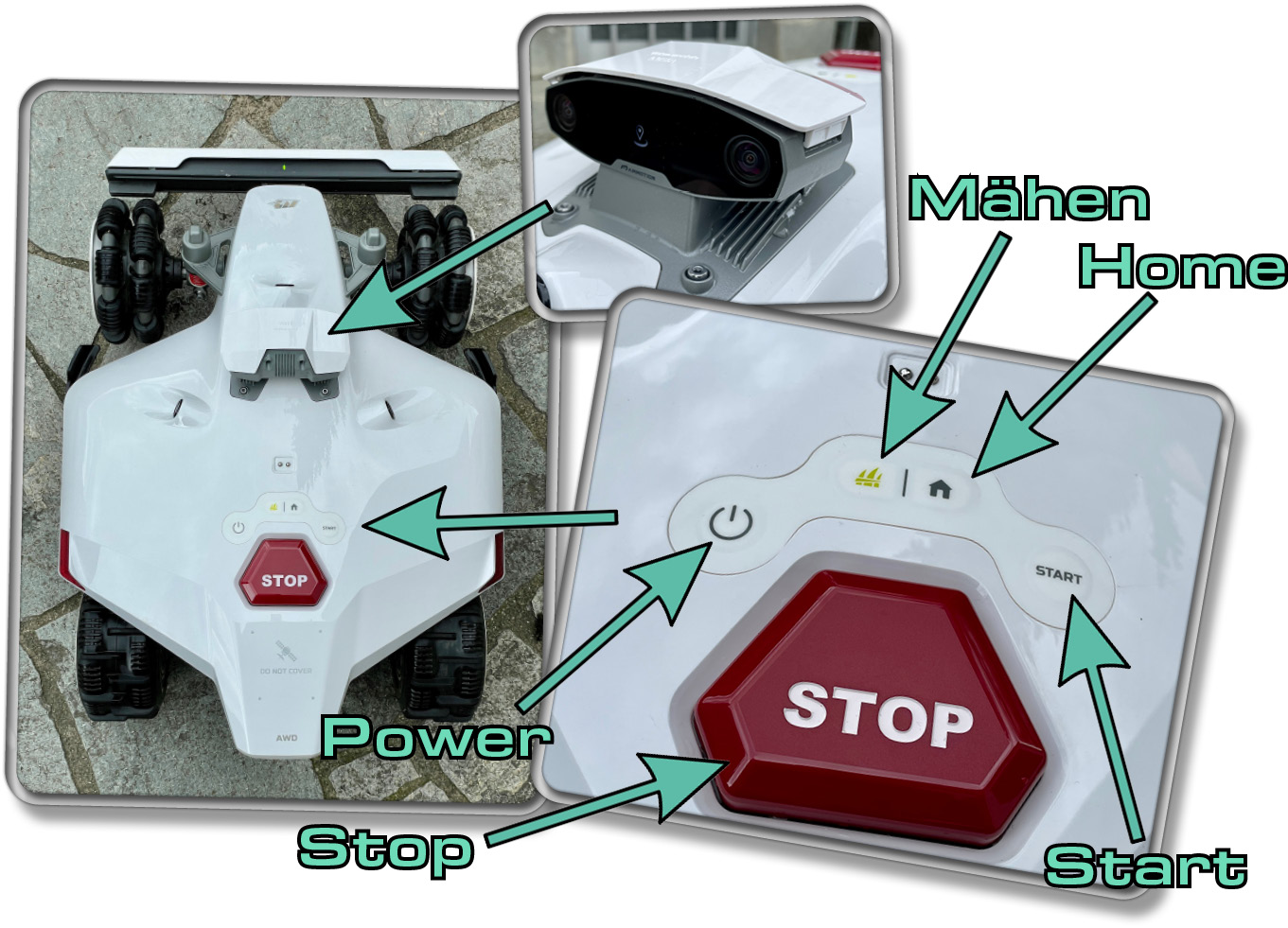 Über diese Tasten kann man den Mammotion LUBA 2 AWD 5000 manuell steuern