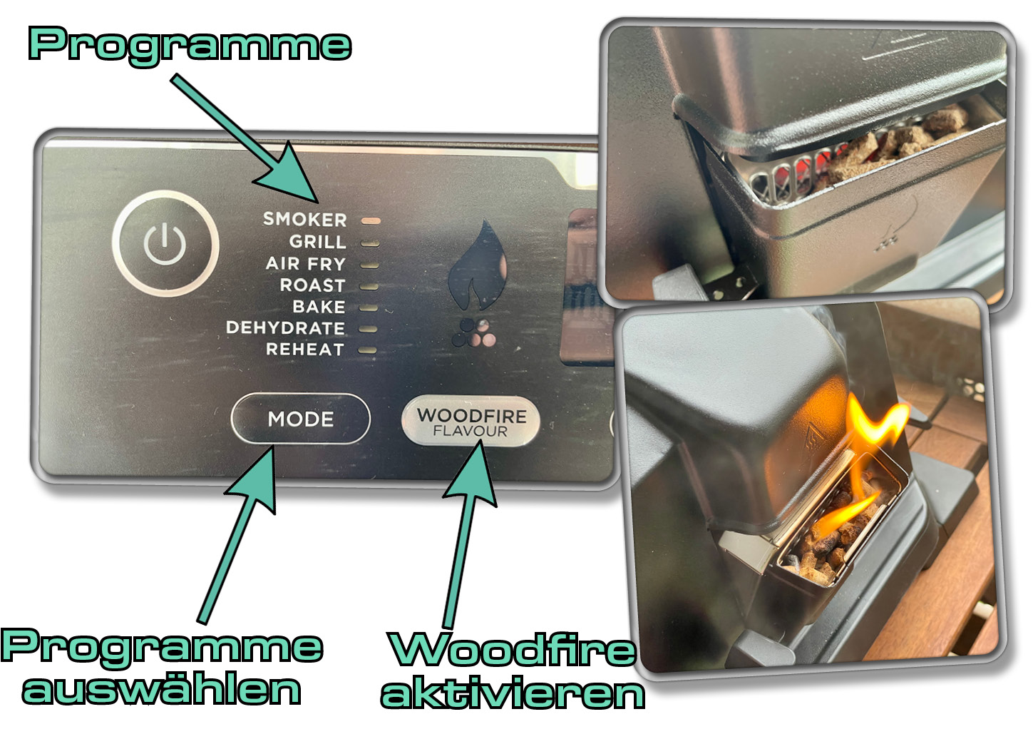 Über diese Tasten wählt man das Programm und das Woodfire-Flavour aus