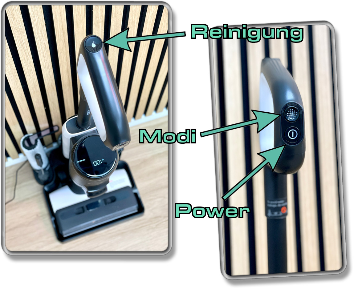 Über diese Tasten wird der Tineco Floor One S6 gesteuert