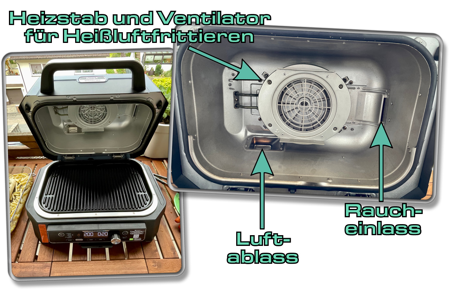 Unter der Haube findet man einen Ventilator und einen weiteren Heizstab zum Heißluftfrittieren