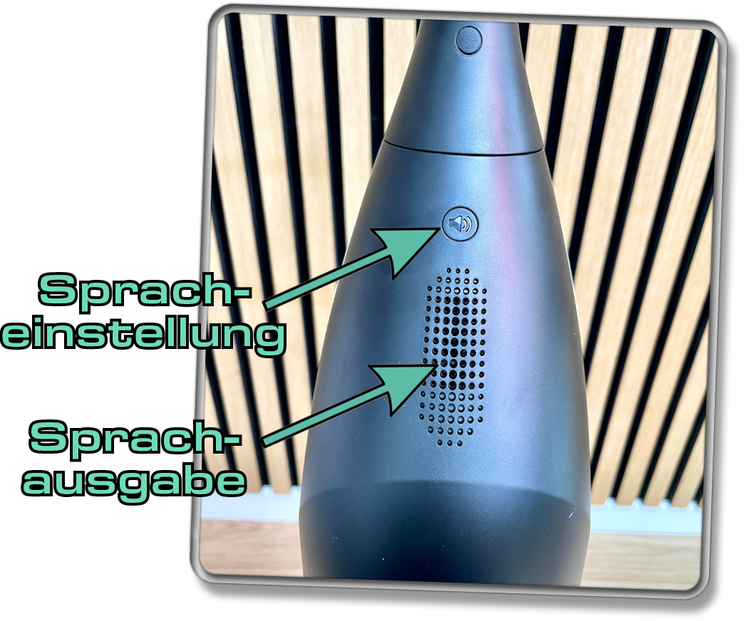 Am Heck des Roborock Flexi Lite kann man die Sprachausgabe manuell einstellen