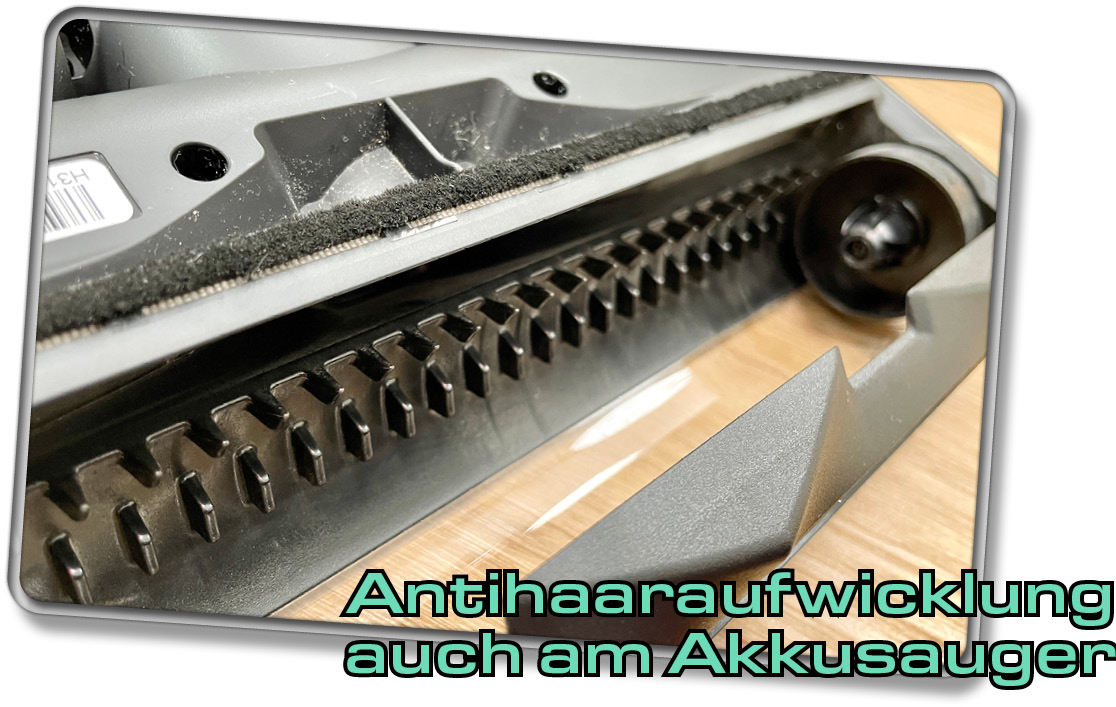 Auch der Akkusauger besitzt eine Antihaaraufwicklung an der Bodendüse