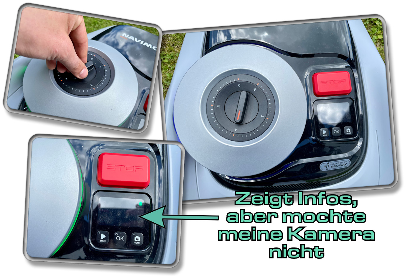 Auf der Oberseite des Segway Navimow i105 befindet sich die Einstellung des Mähwerks und ein Display mit verschiedenen Tasten