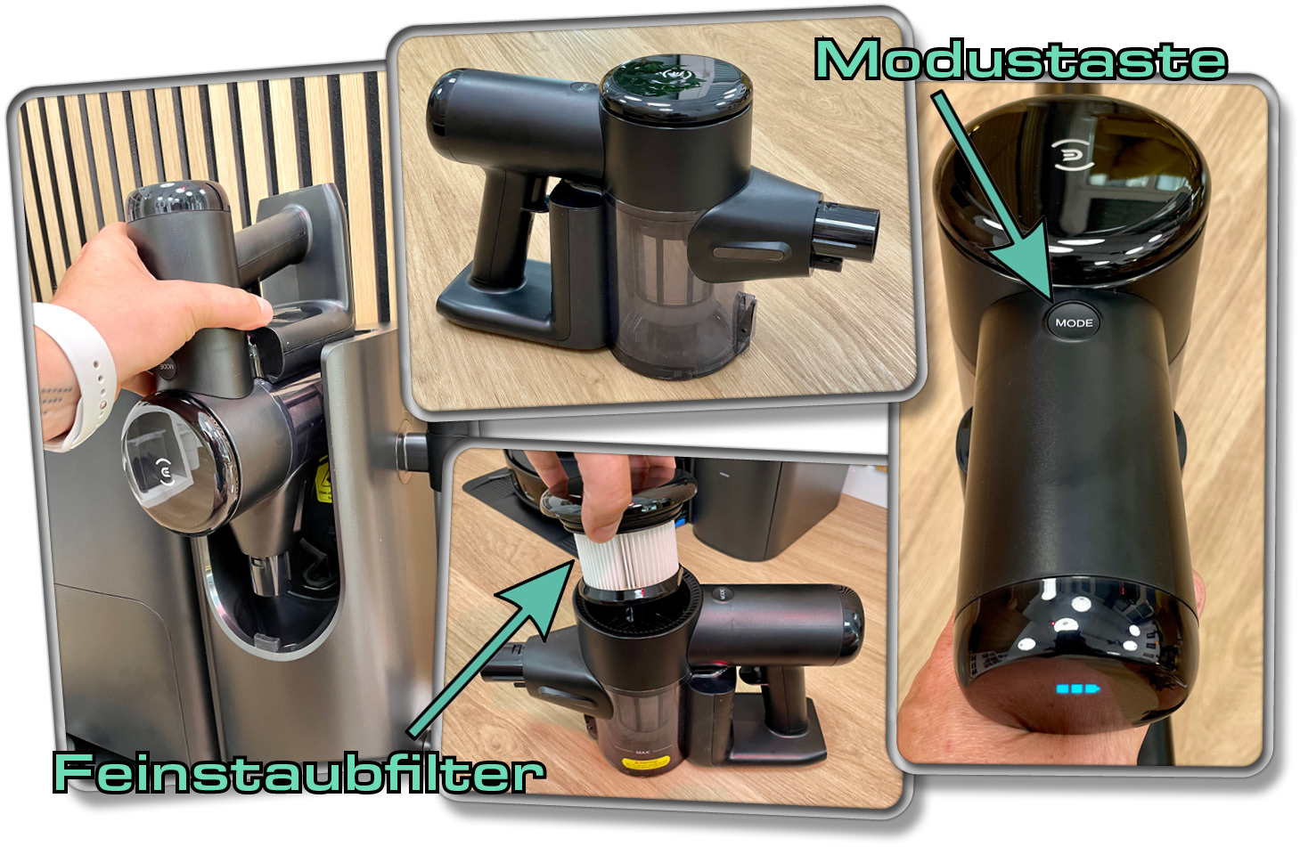 Das Handteil des Akkustaubsaugers besitzt eine Taste und ein Bildschirm, inklusive einem angebrachten Staubtank